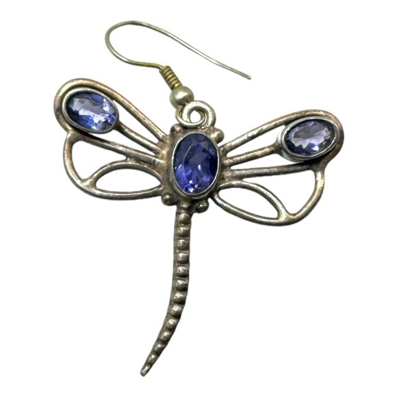 Vintage Dragonfly Earrings Dangle Drop With Amethyst Stones 925 Sterling Silver - Picture 6 of 7